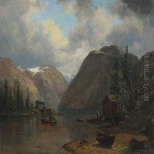 A View From Hardanger Fiord With Fishing Huts, Boats Andpeople