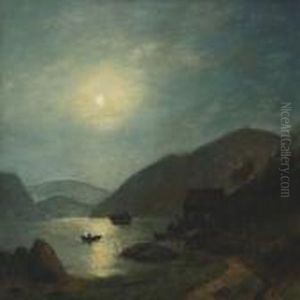 A Coastal Scenery With Ship And Rowing Boat In Moonlight by Georg Emil Libert