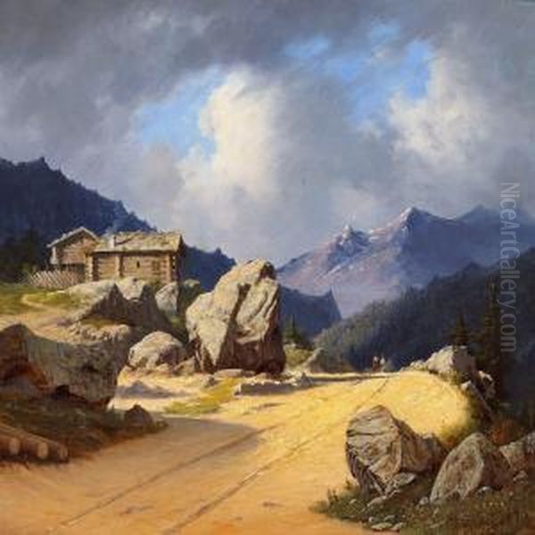 Norwegian Landscape With Wooden Huts And Two Men On Horseback In The Distance - view 1