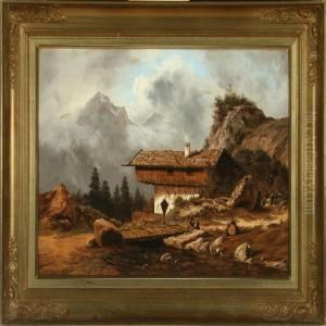 Scenery From The Alps With Persons At A Cabin