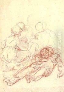 A peasant woman seen from behind, seated by a reclining figure, two others seen beyond by Giulio Carpione
