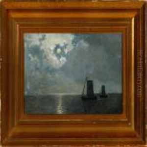 A Danish Marine Withmoonlight On Sailing Ships by Georg Emil Libert
