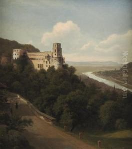 A View Of Schloss Heidelberg Along The River Neckar by Georg Emil Libert