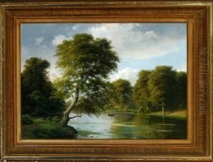 A Danish Summer Landscape With A Forest Lake