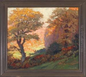Blick Von Einer Bewaldeten 
Schattigen Anhohe Mit Einigen Rehen Ins Lichtdurchflutete Werratal by Hans Licht