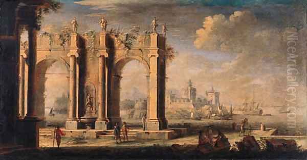 Figures amongst classical ruins, a port beyond - view 1