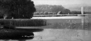 H. "uferlandschaft". Sign. Und Dat. 99. Ol Auf Lwd. 35 X 77 Cm. Rahmen