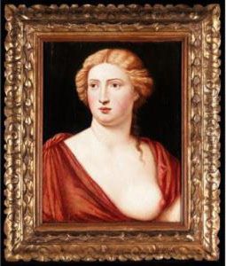 Portrait Of A Courtesan, Head And Shoulders, Wearing A Red Dress by Bernardino Licinio