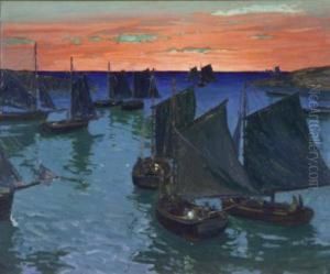 Sailboats Gathered In A Harbor At Dusk