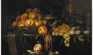 Panier D'abricots, Pieces D'orfevrerie, Raisins Et Prunes Sur Un Drap De Velours Bleu by Paul Liegeois