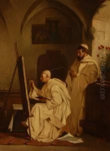 Monastery Interior Scene With Monks Painting