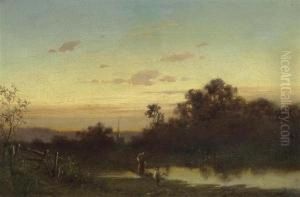 Flusslandschaft Mit Figuren Im Abendrot.