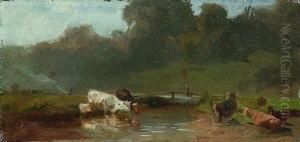 Kuhe An Der Tranke. by Adolf Heinrich Lier