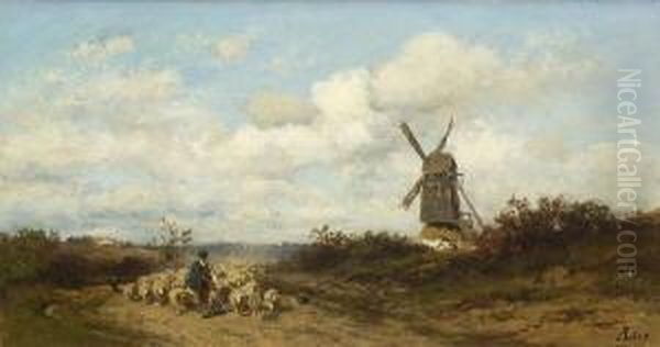 Schafer Mit Seiner Herde Bei Einer
 Windmuhle. - view 1