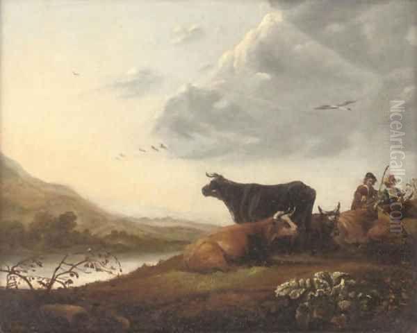 Cattle and drovers in a river landscape - view 1