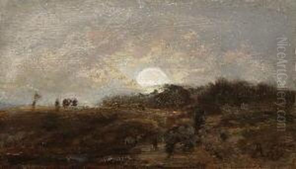Hirte Mit Schafen In
 Mondscheinlandschaft. - view 1