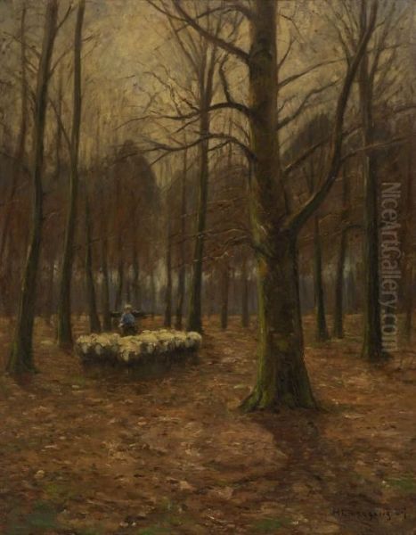 Schafer Mit Herde Im Herbstwald - view 1
