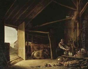 A barn interior with cattle and a maid fetching vegetables by Aelbert Cuyp