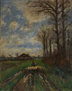 Schafer Mit Seiner Herde Auf Einem Feldweg by Helmut Liesegang