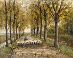 Herbstliche Allee Mit Schafherde. by Helmut Liesegang