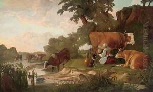 A river landscape with cattle watering and a milkmaid by Aelbert Cuyp