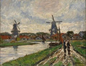 Hollandische Fluslandschaft Mit Windmuhlen. by Helmut Liesegang