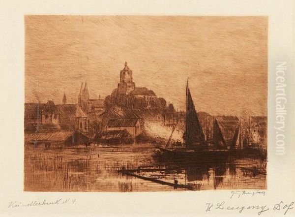 Abendliche Ansicht Einer Stadt Am Fluss - view 1