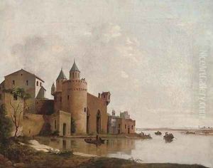 A river landscape with gentlefolk in a rowing boat by a castle by Aelbert Cuyp