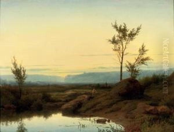 Fishermen Near A Pond At Sunset - view 1