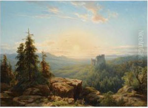 Figures In A Panoramic, Early Evening Landscape - view 1