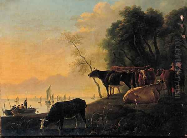 Cowherds and cattle on a riverbank on a summer's day - view 1