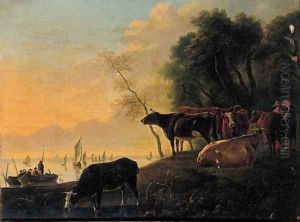 Cowherds and cattle on a riverbank on a summer's day by Aelbert Cuyp