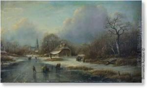 Landscape With Skaters Near A Village by Cornelis Lieste