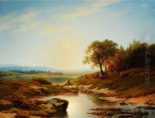 Tiefe Bachlandschaft Mit
Figurenstaffage Bei Sonnenuntergang - view 1