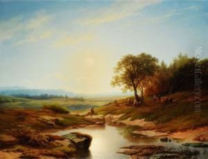 Tiefe Bachlandschaft Mit
 Figurenstaffage Bei Sonnenuntergang