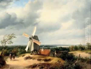 Travellers Passing A Mill In An Extensive River Landscape