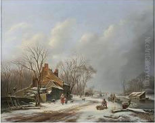 Winter Landscape With Frozen River And Figures - view 1