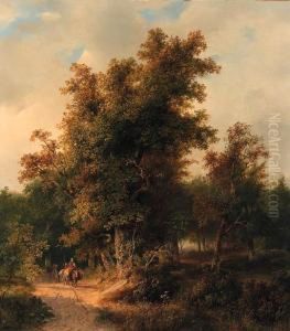 A Wooded Landscape With Travellers On A Sandy Track