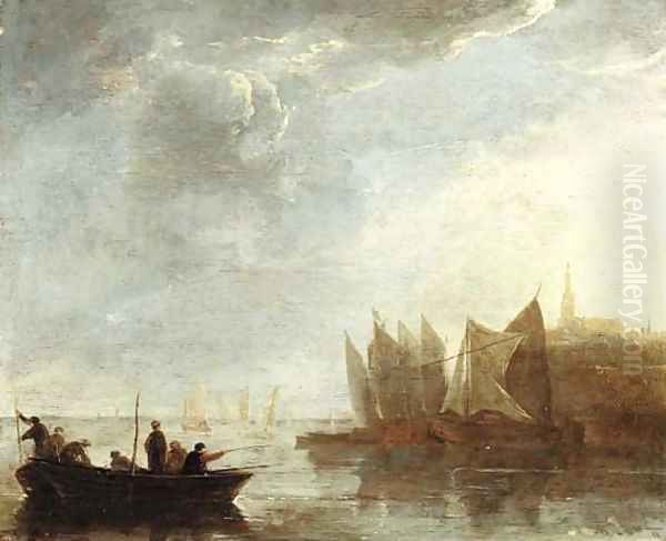 Fishermen on the river Scheldt, a view of Dordrecht beyond - view 1