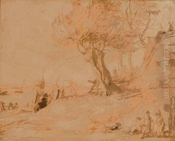 Personnages Sous Un Arbre Au Bord De L'eau, Une Chaumiere Sur La Droite - view 1
