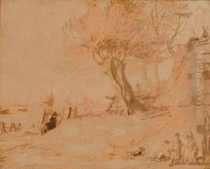 Personnages Sous Un Arbre Au Bord De L'eau, Une Chaumiere Sur La Droite Personnages Sous Un Arbre Au Bord De L'eau, Une Chaumiere Sur La Droite