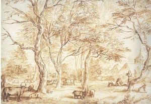 Paysage Avec Patres Et Troupeaux D'ovins Et Bovins Paissant Sous Les Arbres Paysage Avec Patres Et Troupeaux D'ovins Et Bovins Paissant Sous Les Arbres