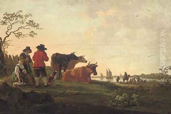 A river landscape with a drover, his cattle and other figures - view 1