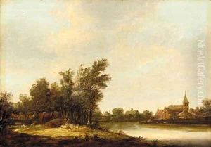 A river landscape with cows on a bank, a view of Dordwyk beyond