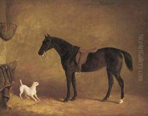 A black hunter and a dog in a stable by Albert Clark