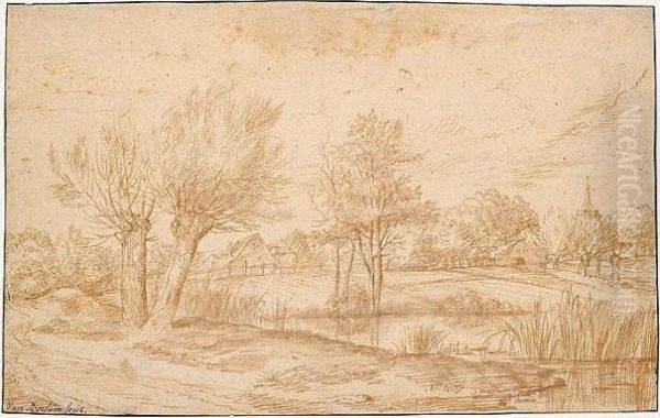 Landscape: A Village Seen Across A Pond. - view 1