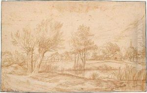 Landscape: A Village Seen Across A Pond. by Jan Lievens