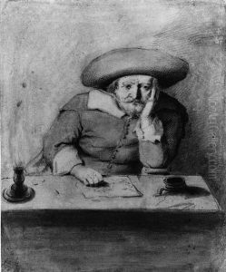 A Pondering Man In A Hat At A Candle-lit Table by Jan Lievens
