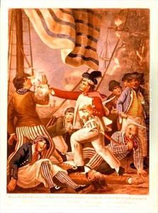 John Paul Jones shooting a sailor who had attempted to strike his colours in an engagement by John Collet