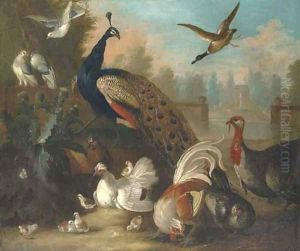 A peacock and other birds in an ornamental landscape by Marmaduke Craddock